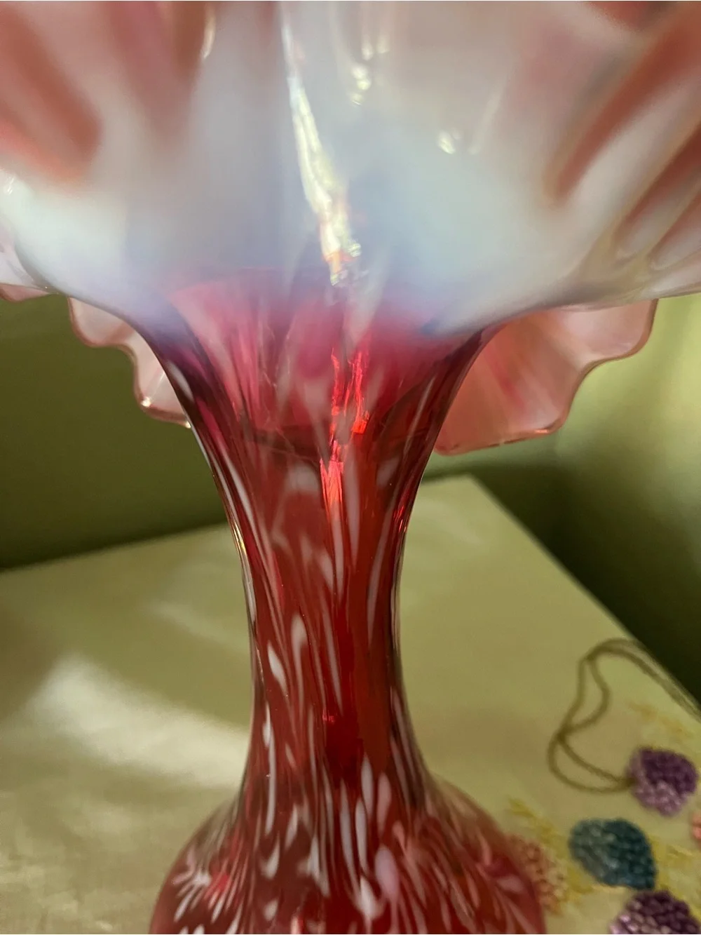 Fenton Cranberry Opalescent Daisy & Fern Jack in the Pulpit Vase